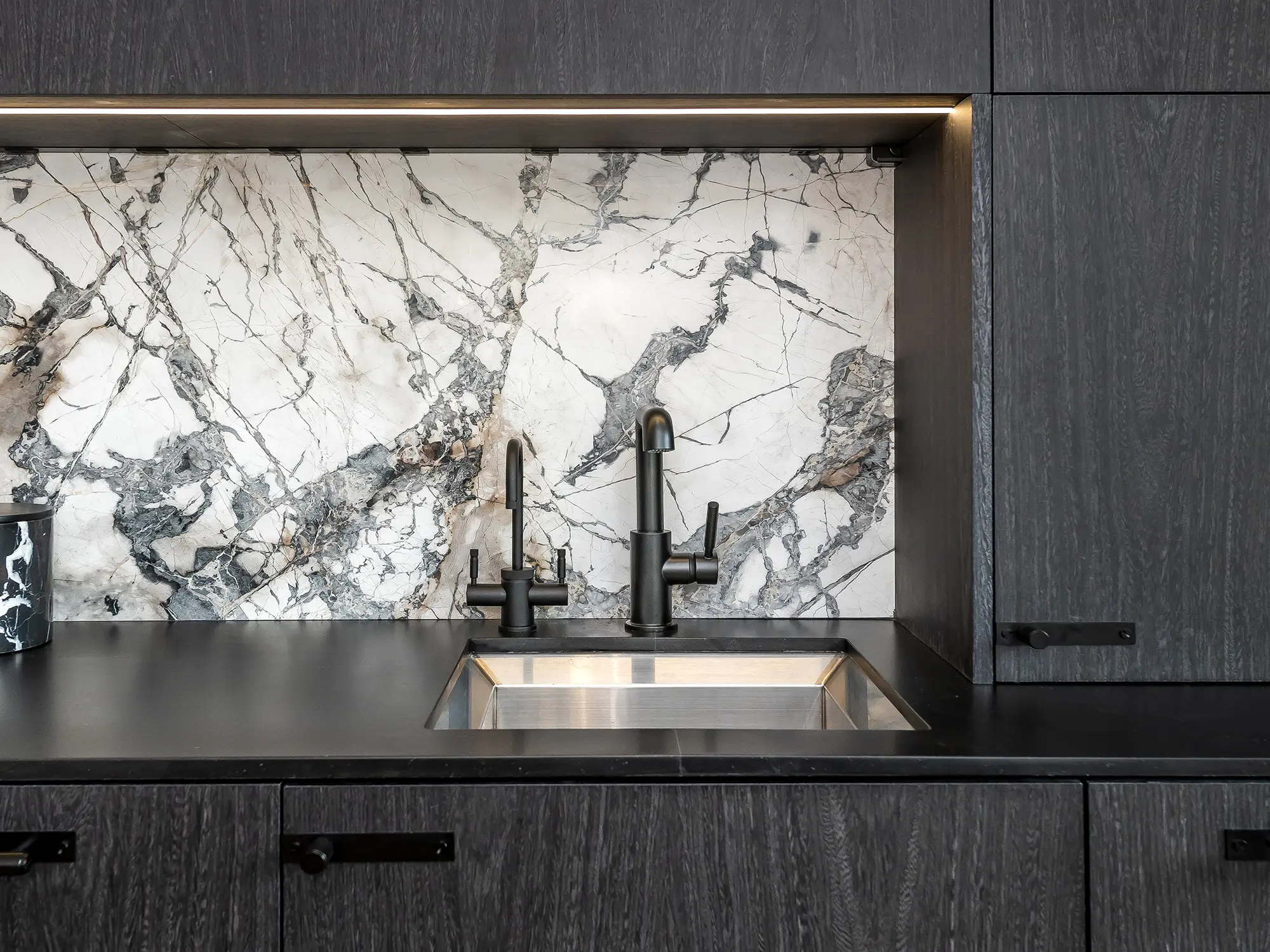 Modern dark kitchen prep sink with stone backsplash, Oakland ca 010