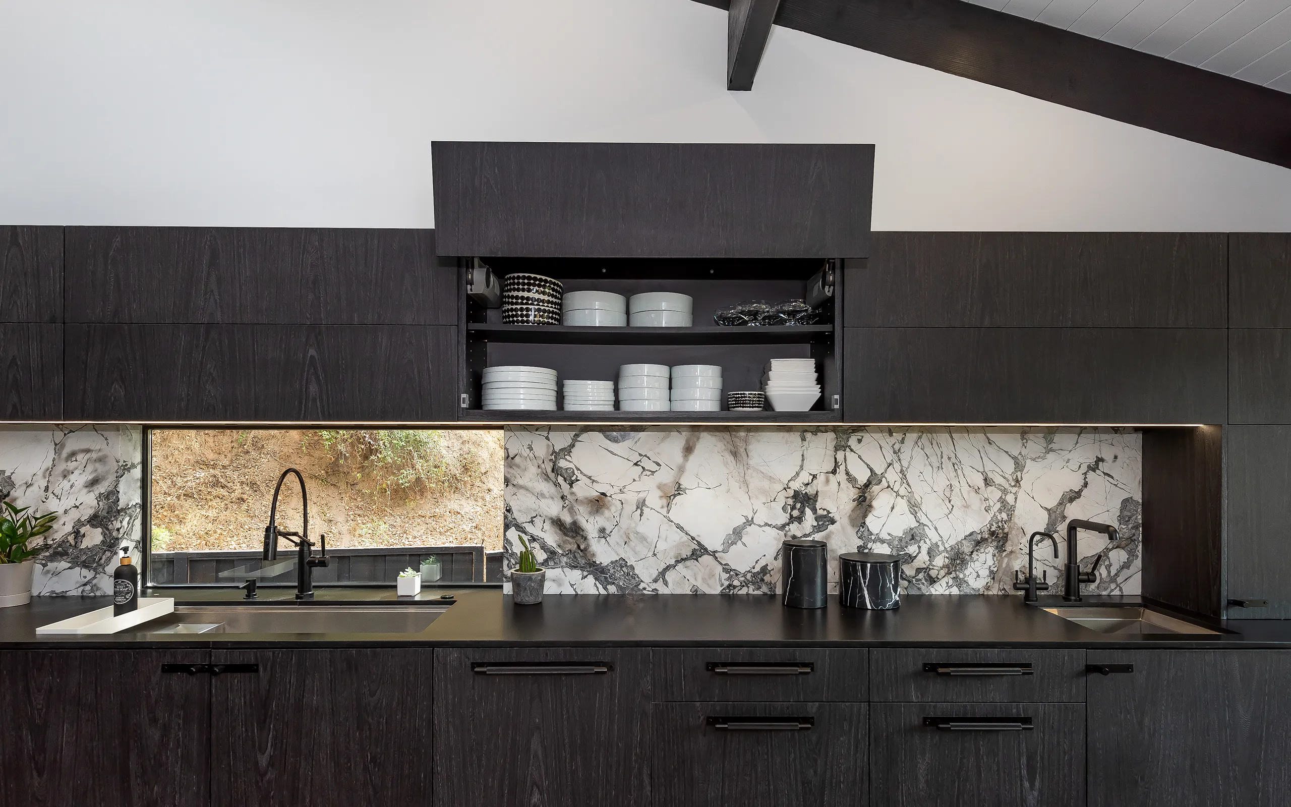 Modern dark kitchen with stone backsplash, Oakland ca 014