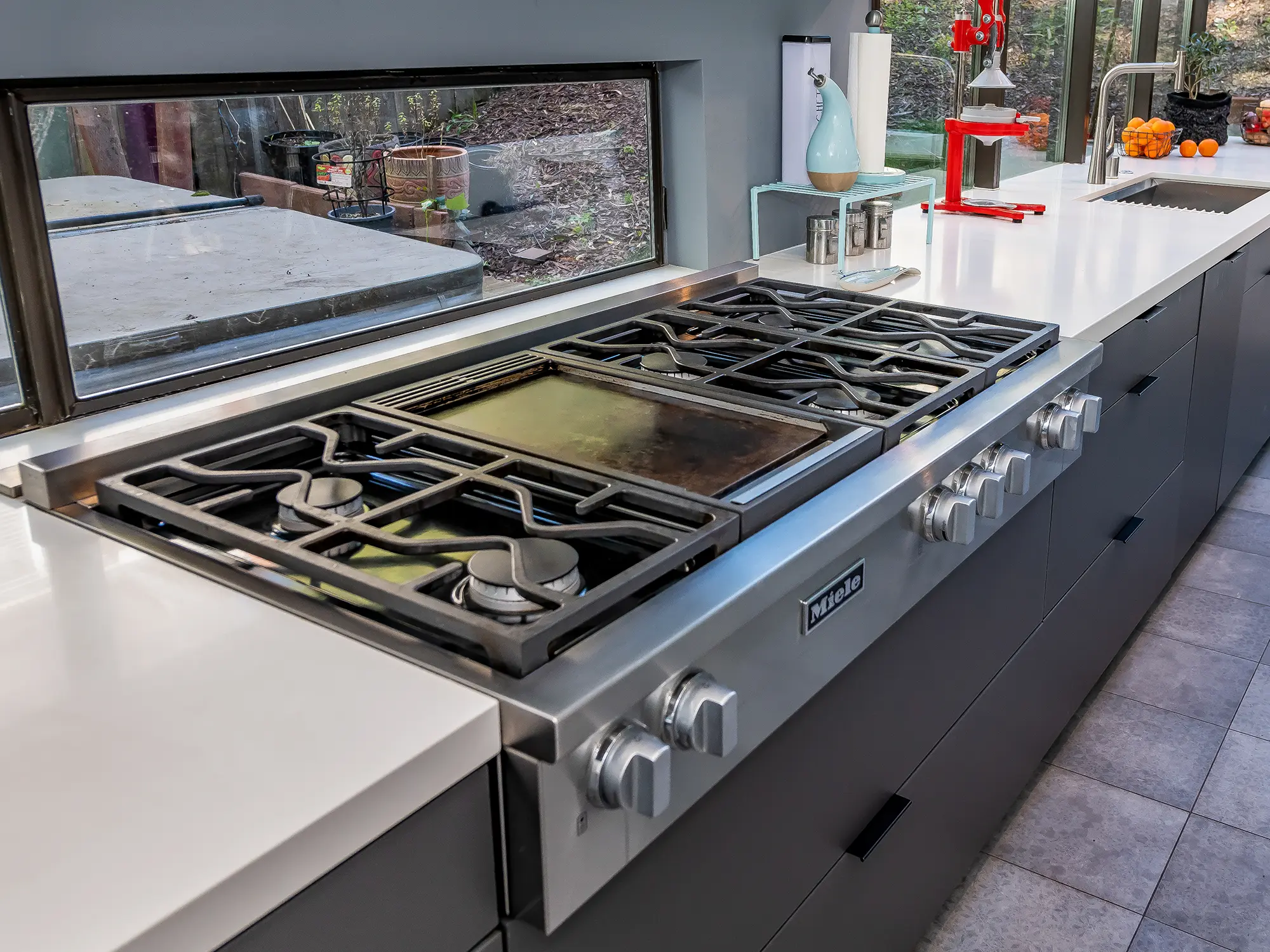 Modern gray and white kitchen cooking range, Berkeley ca 009