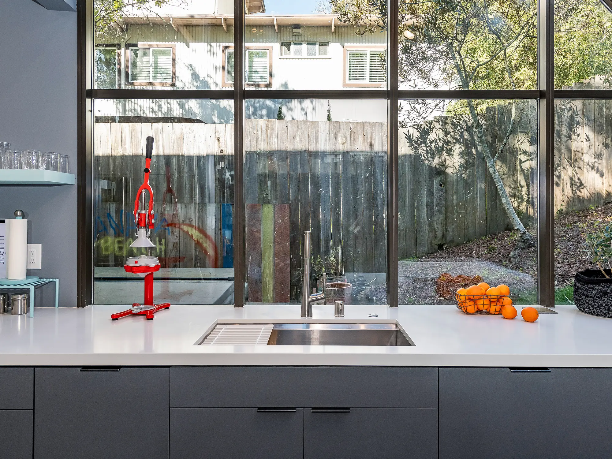 Modern gray and white kitchen sink with big window, Berkeley ca 011