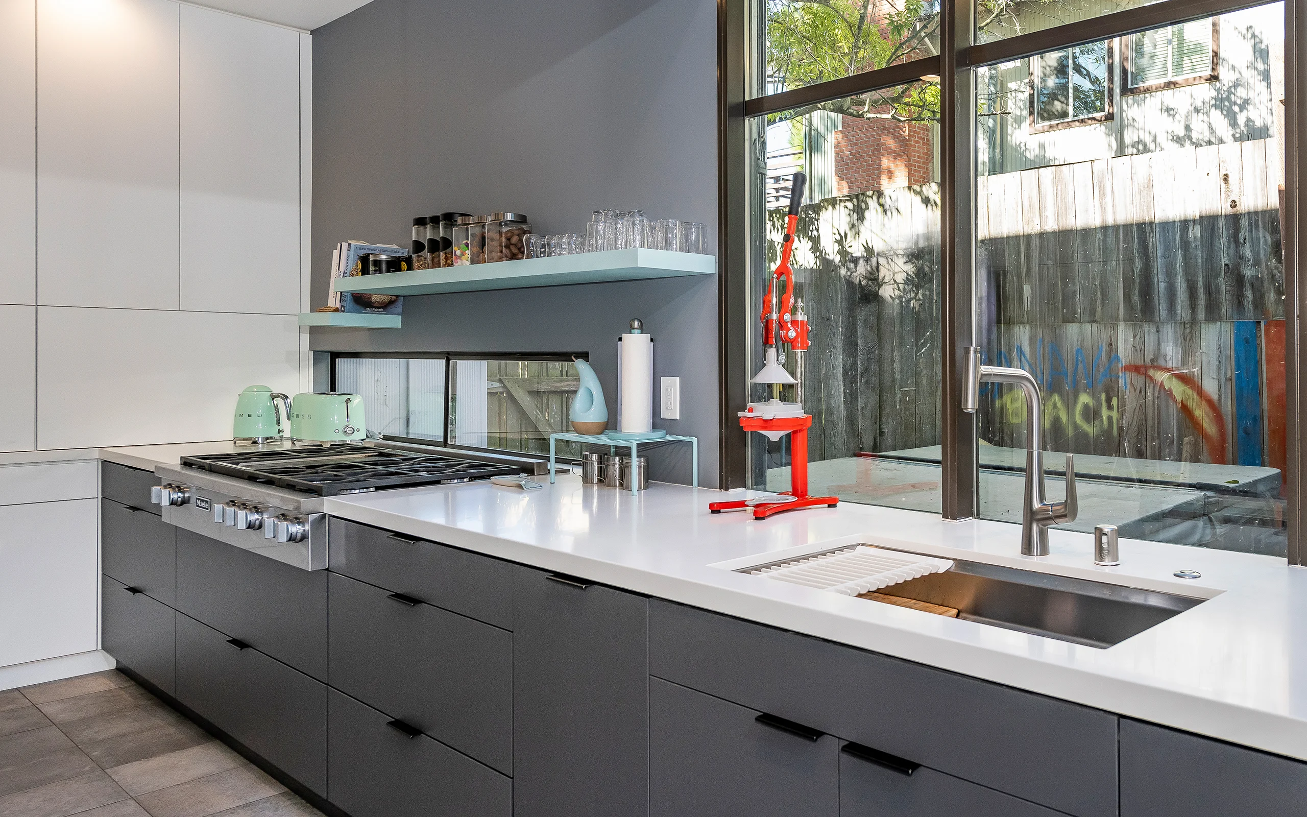 Modern gray and white kitchen with big window, Berkeley ca 011