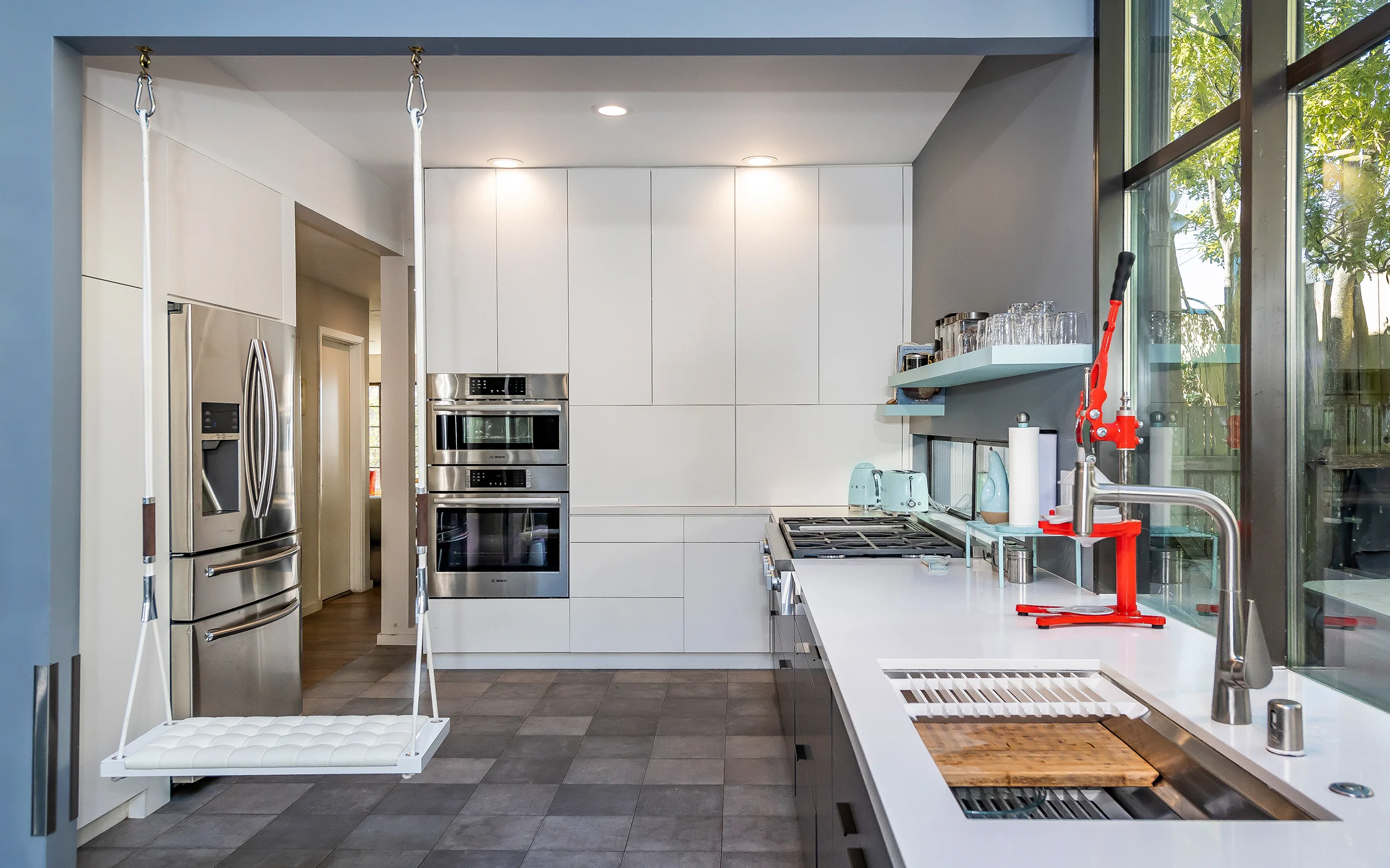 Modern gray and white kitchen with playful swing, Berkeley ca014