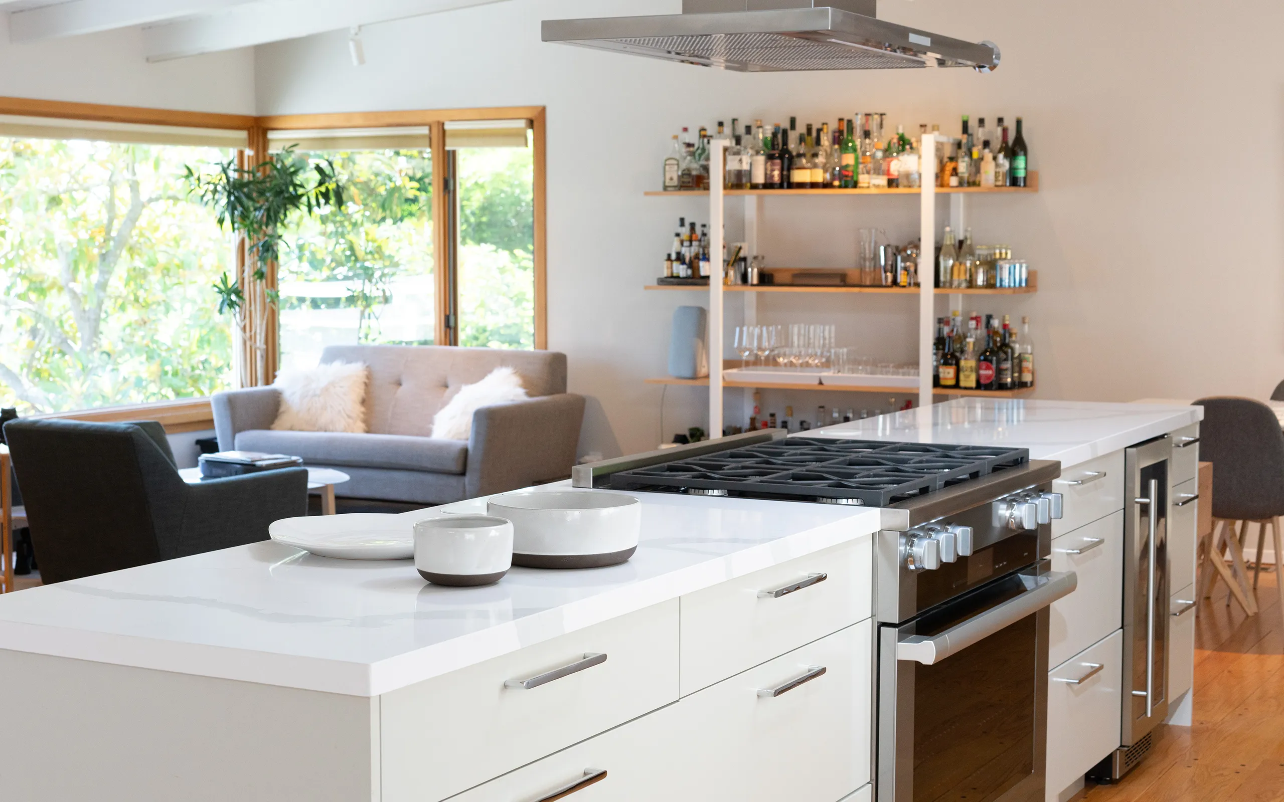 Modern minimalist white kitchen and sitting area, Oakland ca 015