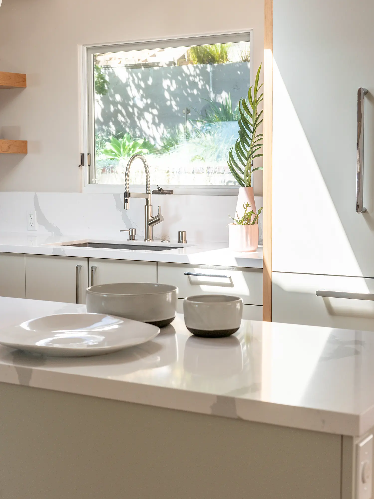 Modern minimalist white kitchen sink with window, Oakland ca 010