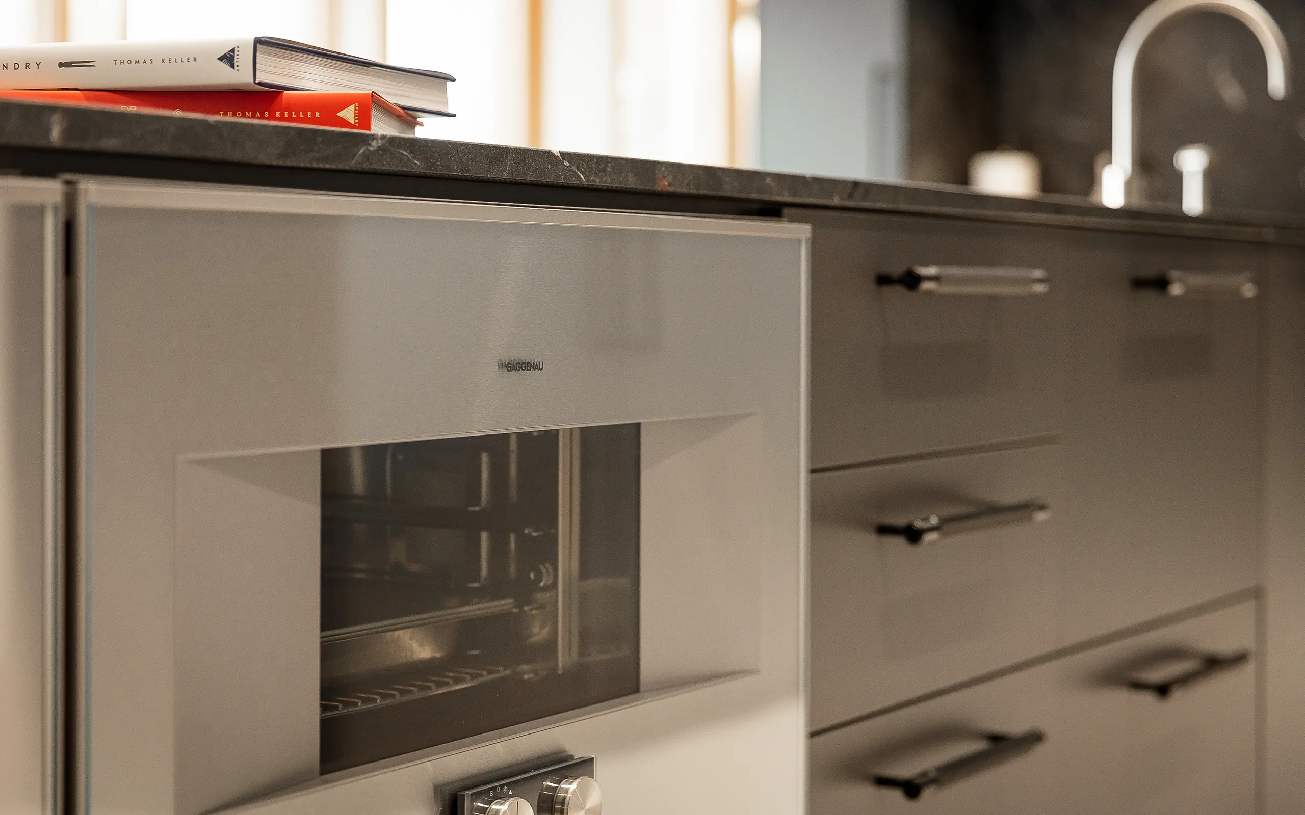 Black ultrasuede cabinet and black granite modern minimalist kitchen, Orinda ca 005