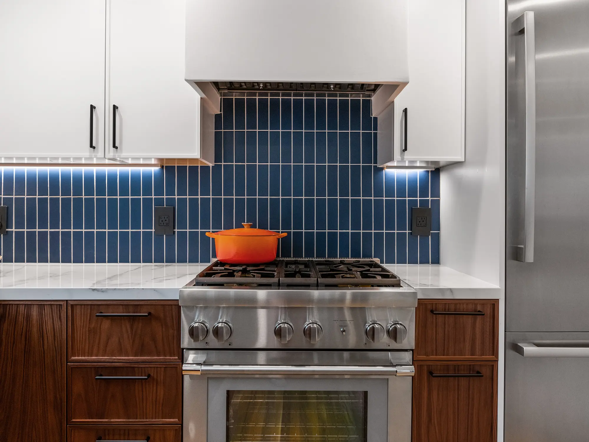 Contemporary kitchen blue backsplash white wall cabinet, Berkeley ca 008