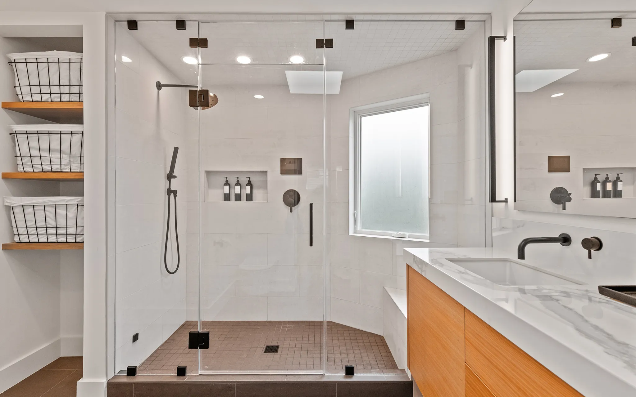 Contemporary white and natural walnut bathroom, Berkeley ca 016