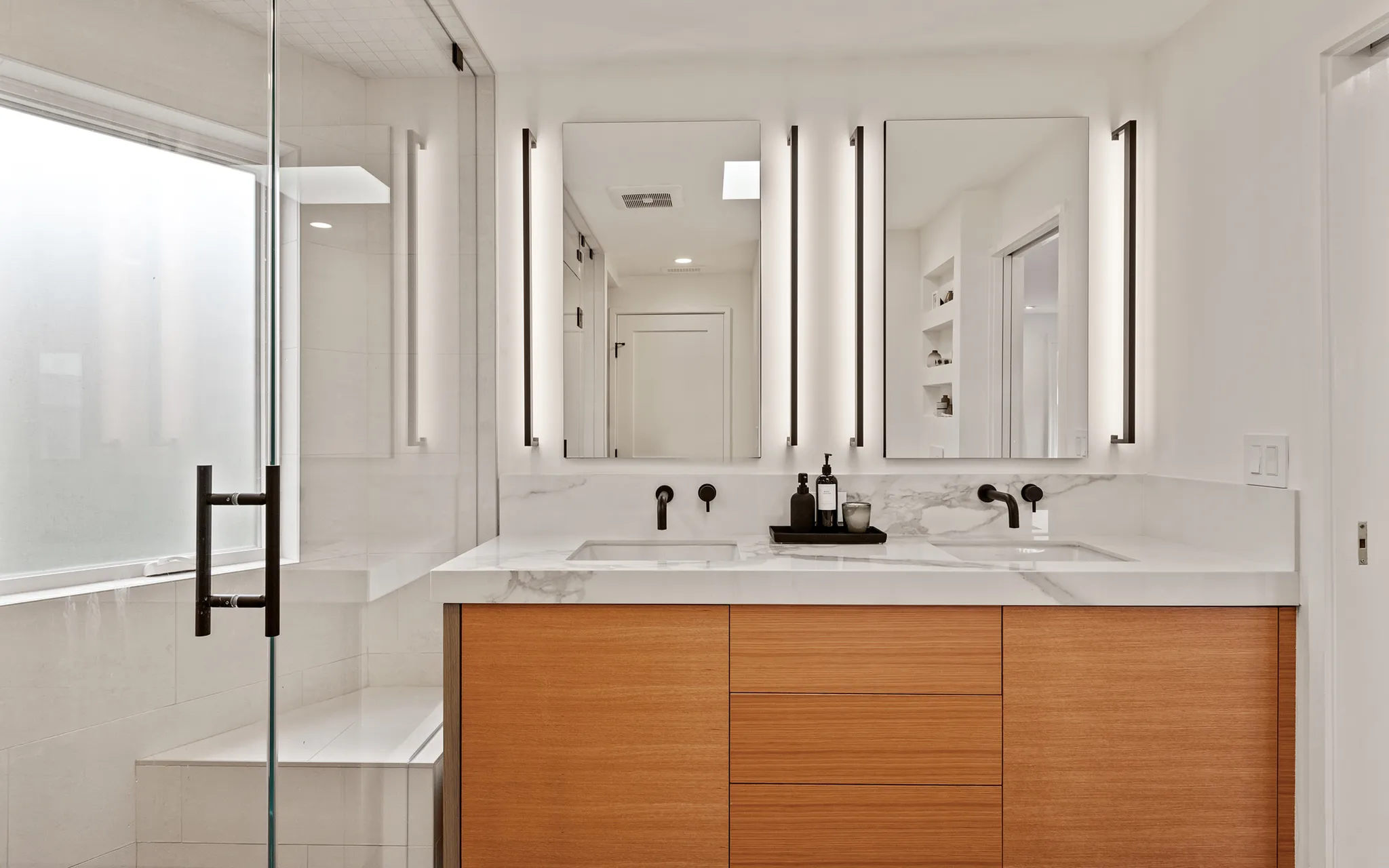 Contemporary white and natural walnut bathroom, Berkeley ca 018