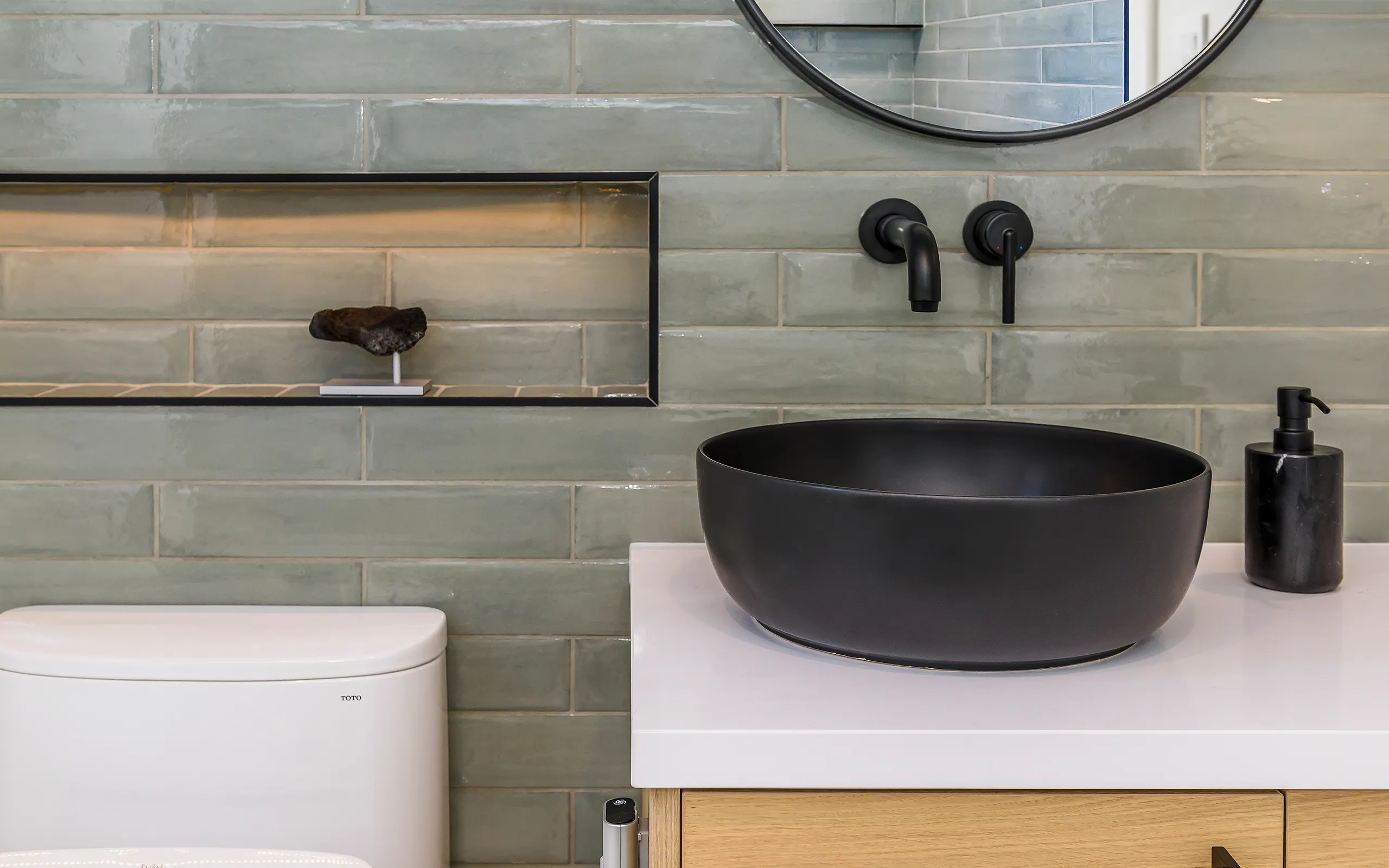 Soft green tone wall with illuminated niche modern minimalist bathroom, Oakland ca 002