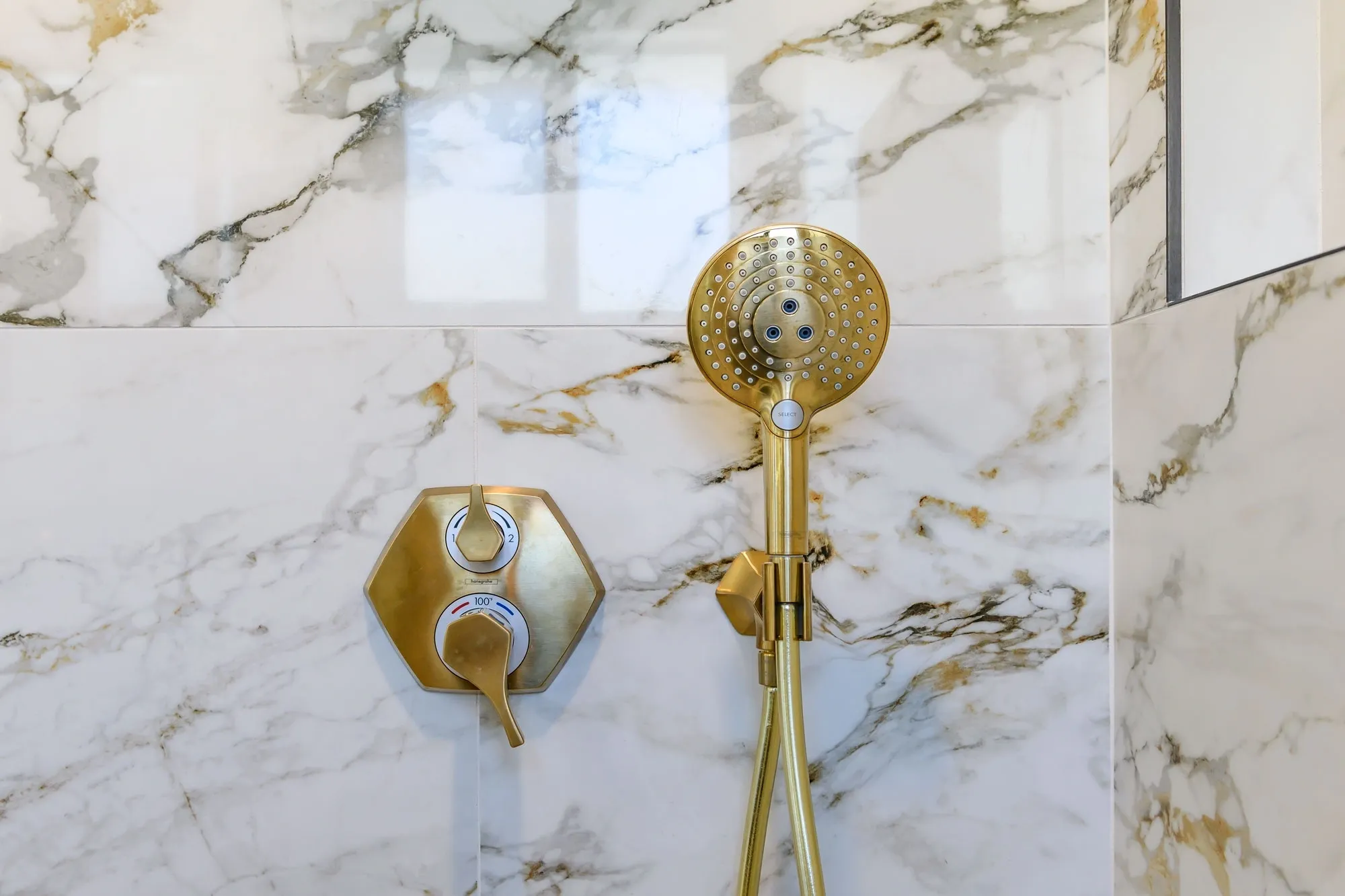 Gold handheld showerhead and control on marble