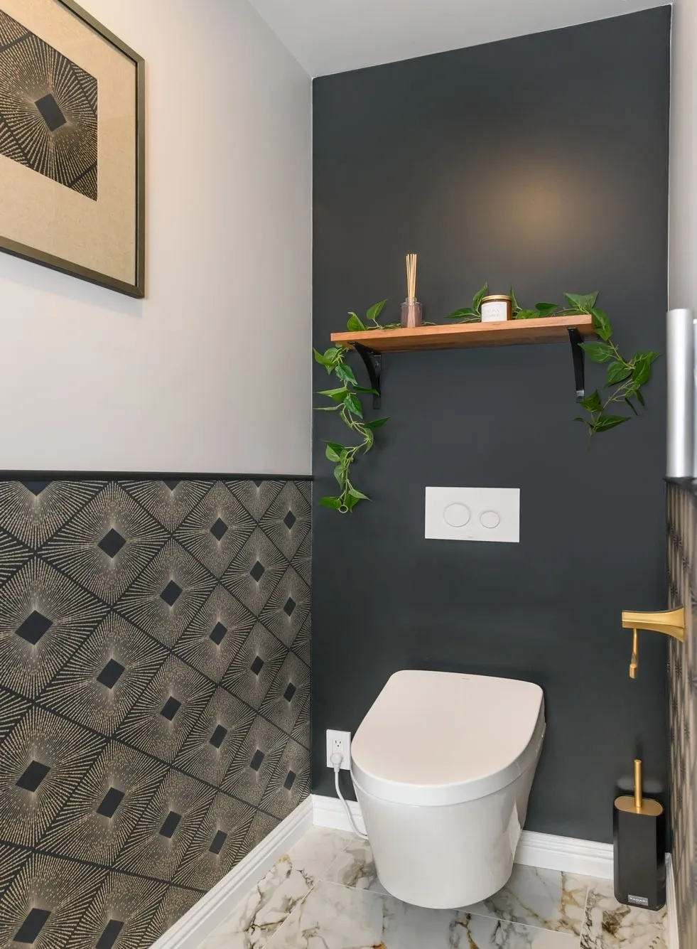 Modern powder room with wall-mounted toilet